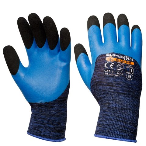 RĘKAWICE OCHRONNE, SPIENIONY LATEX SUPER TECH BLUE FIX R.9